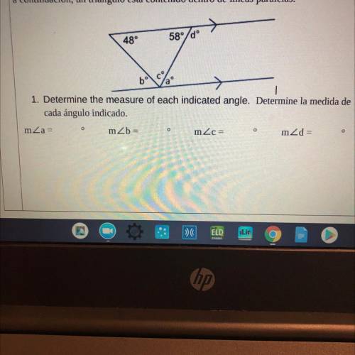 In the diagram below, a triangle is contained within parallel lines.

48°
58°/dº
bº
C
1. Determine