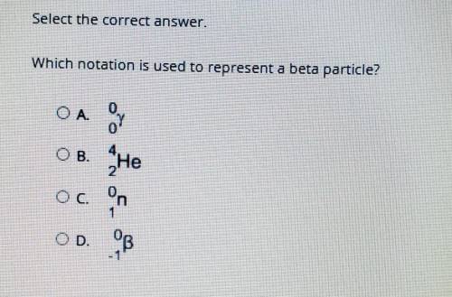 Select the correct answer. Which notation is used to represent a beta particle?