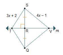 In the diagram, the length of segment QV is 15 units.

Line m is a perpendicular bisector of line