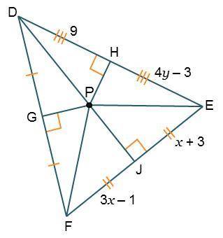 Triangle D E F is shown with point P at the center. Lines are drawn from each point of the triangle