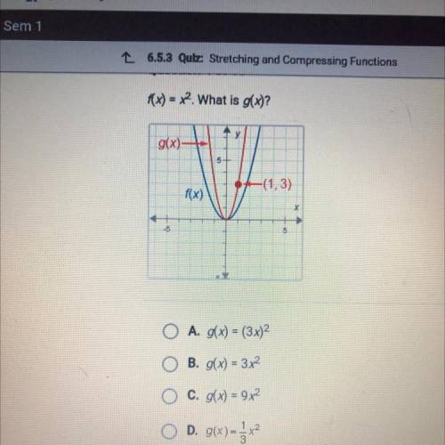 F(x) = x2. What is g(x)?

A. g(x) = (3x)2
B. g(x) = 3x2
C. g(x) = 9x2
D. g(x)=1/3 X2