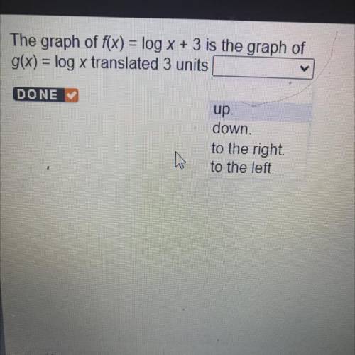 The graph of f(x) = log x + 3 is the graph of
g(x) = log x translated 3 units
Y