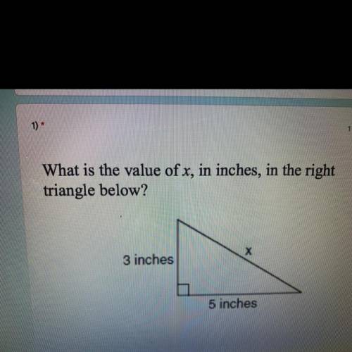 What is the value of x in inches in the right triangle below