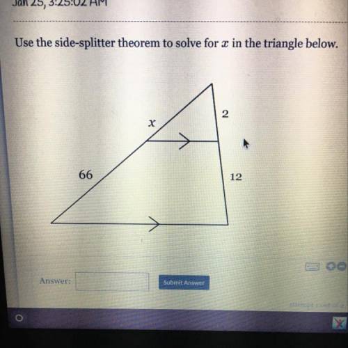 Use the slide splitter theorem to solve for x in the triangle below.