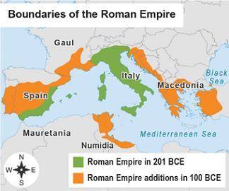 This is a map of the ancient Roman Empire. It shows the lands in the empire in 201 BCE and in 100 B