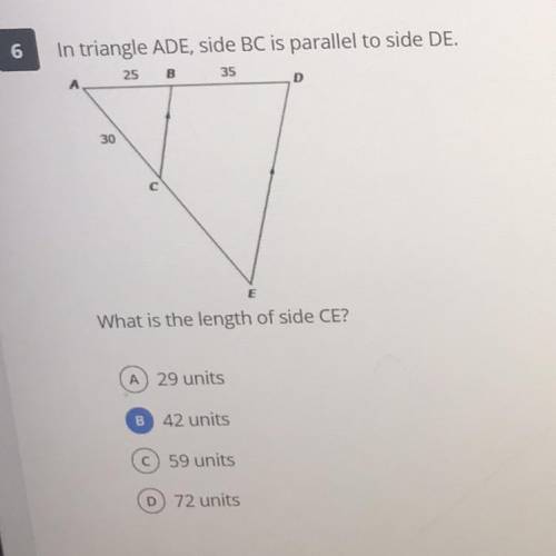 NEED HELP!!! In triangle ADE, side BC is parallel to side DE. What is the length of side CE?

A) 2