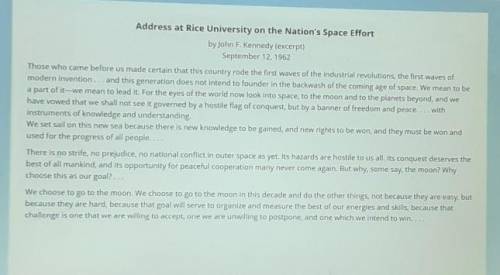 These are questions for  Address at Rice University on the Nation's Space Effort

1.what was the