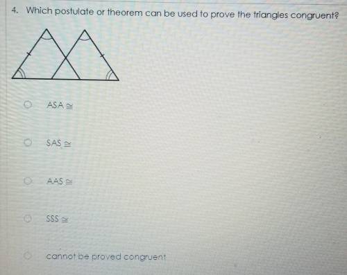 4. Which postulate or theorem can be used to prove the triangles congruent

ASAN SAS AAS SSS canno