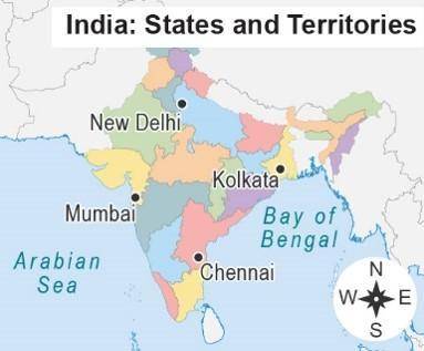 A map titled India: States and Territories. India is divided into regions, each a different color.