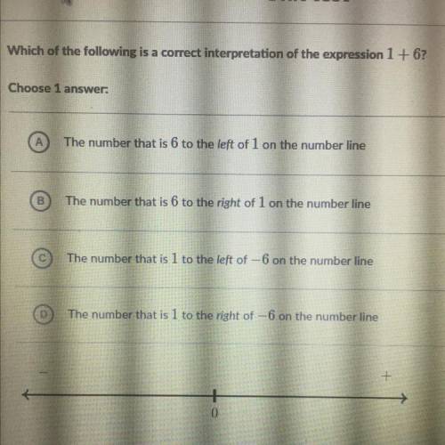 Which of the following is a correct interpretation of the expression 1 + 6?

Choose 1 
A
Th