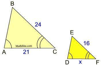 The triangles are similar. State your reasoning. Write the similarity postulate. Solve for x.

ABC