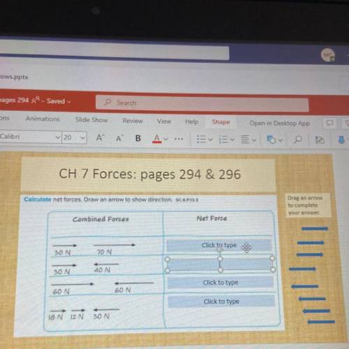 CH 7 Forces: pages 294 & 296

Calculate net forces. Draw an arrow to show direction. SC.6.P.13