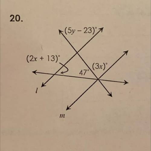 For questions 18-20, if L ll M, find the values of x and y.