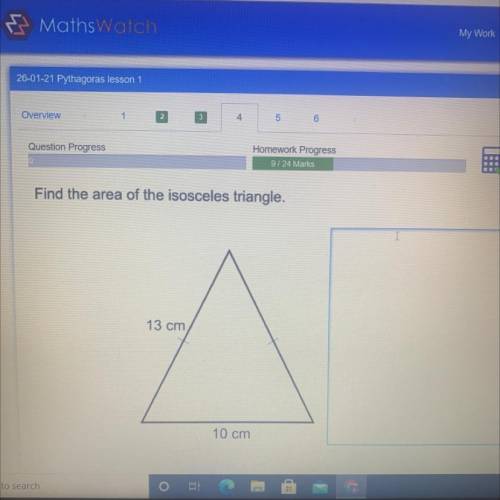 Find the area of the isosceles triangle.

13 cm is the side length 
10 cm is the base 
what is the