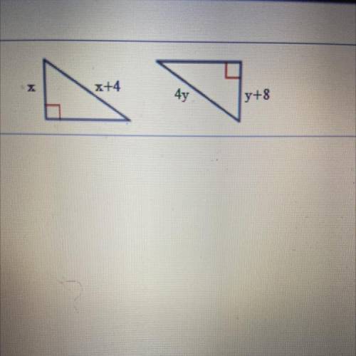 For what values of x and y are the triangles to
the right congruent by HL?
