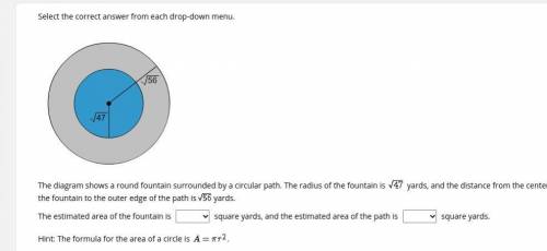 The diagram shows a round fountain surrounded by a circular path. The radius of the fountain is yar
