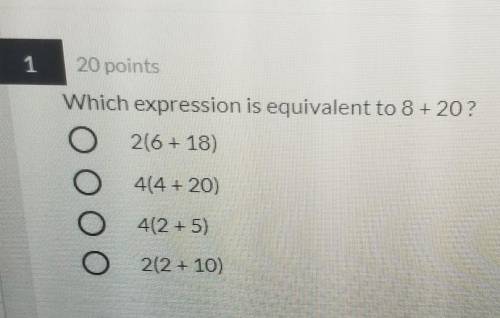 1 20 points Which expression is equivalent to 8 + 20? 2(6 + 13) 4(4 + 20) ОООО 4(2 + 5) 2(2 + 10)