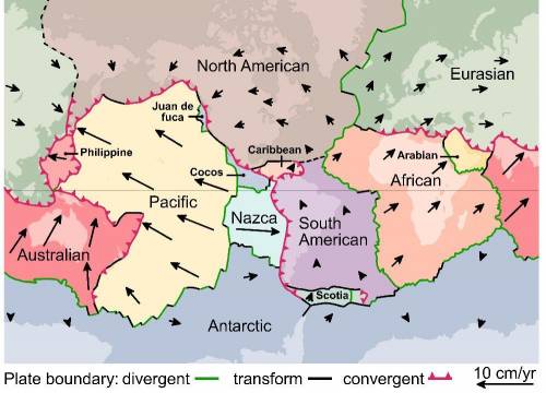 Look at the map below. What type of plate boundary separates Nazca and South America?

A 
a diverg