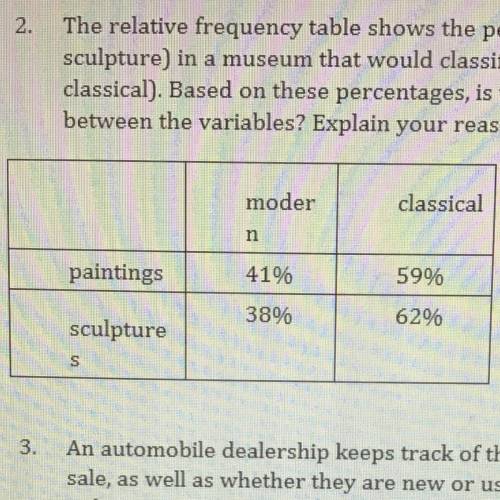 The relative frequency table shows the percentage of each type of art (painting or sculpture) in a