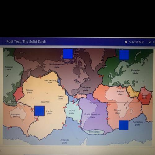 Select the correct location on the map.

The map shows tectonic plates on Earth. The red arrows in