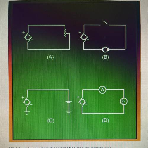 Which of these circuit schematics has an ammeter?
Α. Α
B. B
C. C
D. D