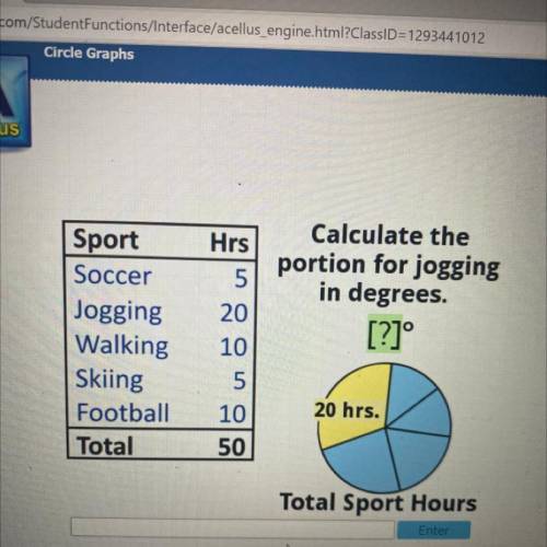 Sport

Soccer
Jogging
Walking
Skiing
Football
Total
Hrs
5
20
10
5
10
50
Calculate the
portion for