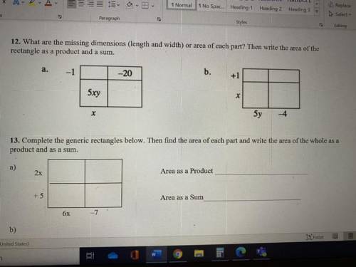 13. Complete the generic rectangles below. Then find the area of each part and write the area of th