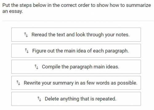 Help asap
''put the steps below in the correct order to show how to summarize an essay''