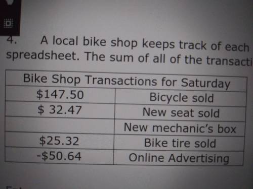 A local bike shop keeps track of each day's income and expenses using an excel spreadsheet. The ski