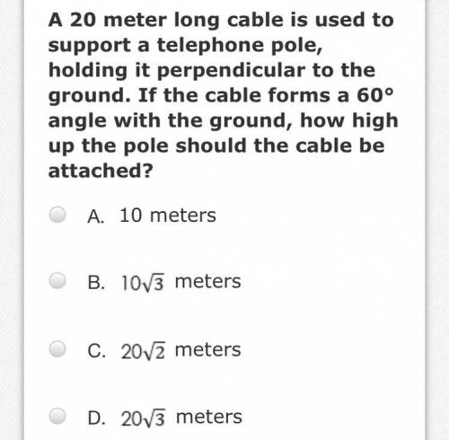 A 20 meter long cable is used to support a telephone pole, holding it perpendicular to the ground.