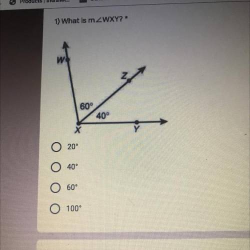 2 point
1) What is mZWXY?
WS
K
60°
40°
20
40
60°
100