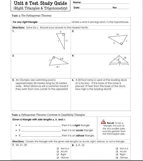 Unit 8 test study guide right triangles and trigonometry