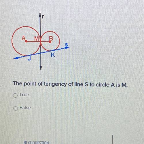 M

K
The point of tangency of line S to circle A is M.
True
False. The format is also there