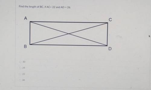 Find the length of BC,if AC=22 and AD=26