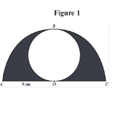 4)The diagram shows a circle inside a semicircle. The semicircle ABC has centre O and radius 9 cm.