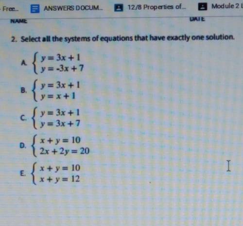 2. Select all the systems of equations that have exactly one solution.