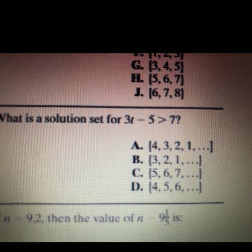 What is a solution set for 3t-5>7?