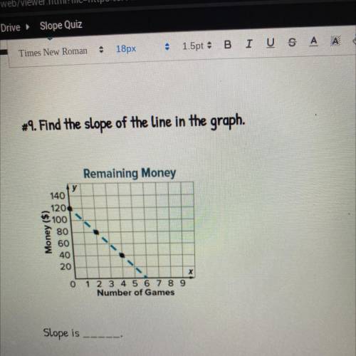 #9. Find the slope of the line in the graph.

Remaining Money
у
140
120
A 100
Money ($)
80
60
40
2