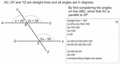 AC, DF and YZ are straight lines and all angles are in degrees.

By considering the angles on the