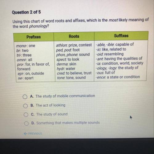 Question 2 of 5

Using this chart of word roots and offixes, which is the most likely meaning of
t