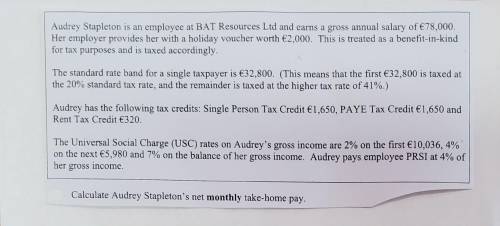 First calculate Audrey's annual take-home pay and then divide it by 12 to get her monthly take-hom