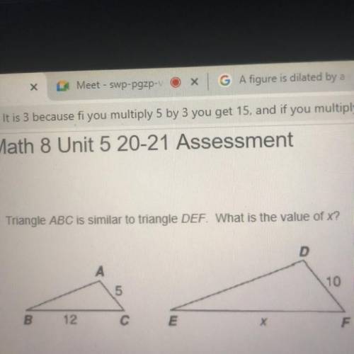Triangle ABC is similiar to triangle DEF. what is the value of x?