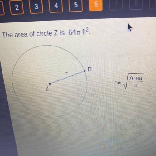 The area of circle Z is 64 t ft?.

What is the value of r?
O r= 4 ft
O r= 8 ft
D
O r= 16 ft
Area
Z