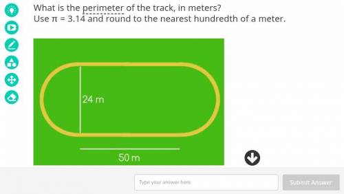 What is the perimeter of the track, in meters?

Use π = 3.14 and round to the nearest hundredth of