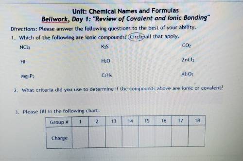 Unit: Chemical Names and Formulas Bellwork, Day 1: Review of Covalent and lonic Bonding Direction