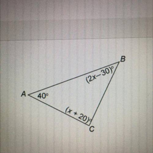 What is the measure of what is the measure of angle B in the triangle?

This triangle is not drawn