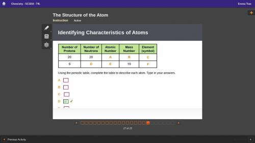 Using the periodic table, complete the table to describe each atom. Type in your answers. First to