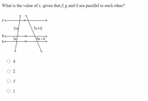 What is the value of x, given that f, g, and h are parallel to each other?