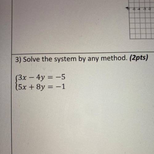Solve the system by any method. 
(3x – 4y = -5
(5x + 8y = -1