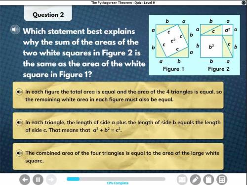 Which Statement best explains why the sum of the areas of the two white squares in Figure 2 is the